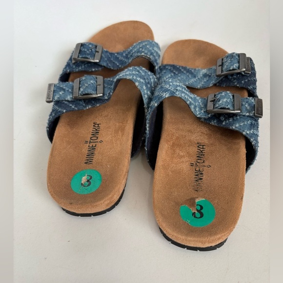 Minnetonka denim double strap Arizona style sandals women’s size 8 - Picture 2 of 6